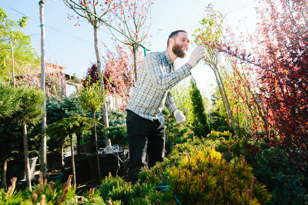 Hipster κηπουρό που εργάζονται στον κήπο της πόλης - Φωτογραφία, εικόνα