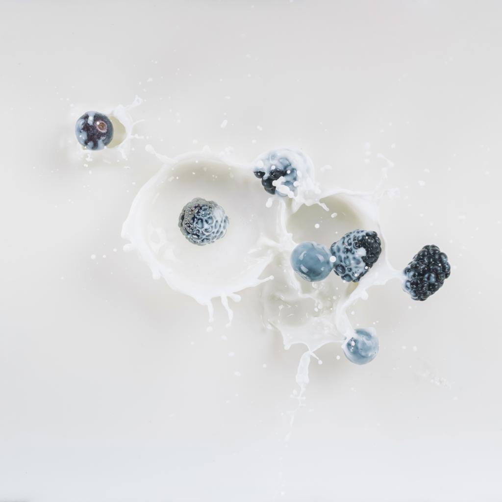 Beeren fallen in Milch mit Spritzern auf weißem Hintergrund - Foto, Bild