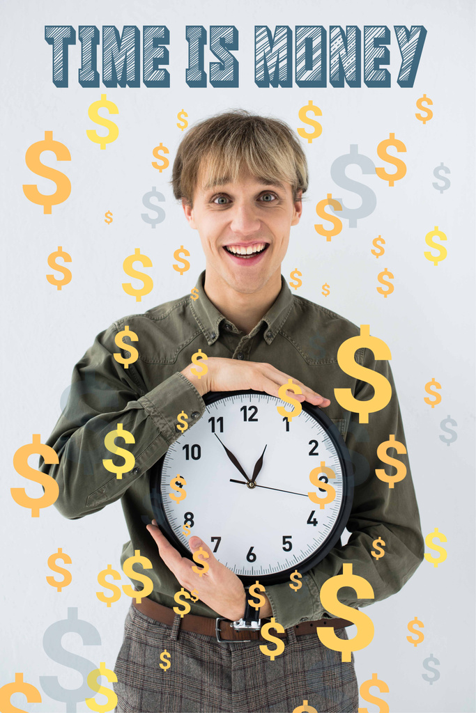 Hombre de negocios sonriente sosteniendo reloj de pared en las manos en blanco con signos de dólar volando alrededor
 - Foto, Imagen