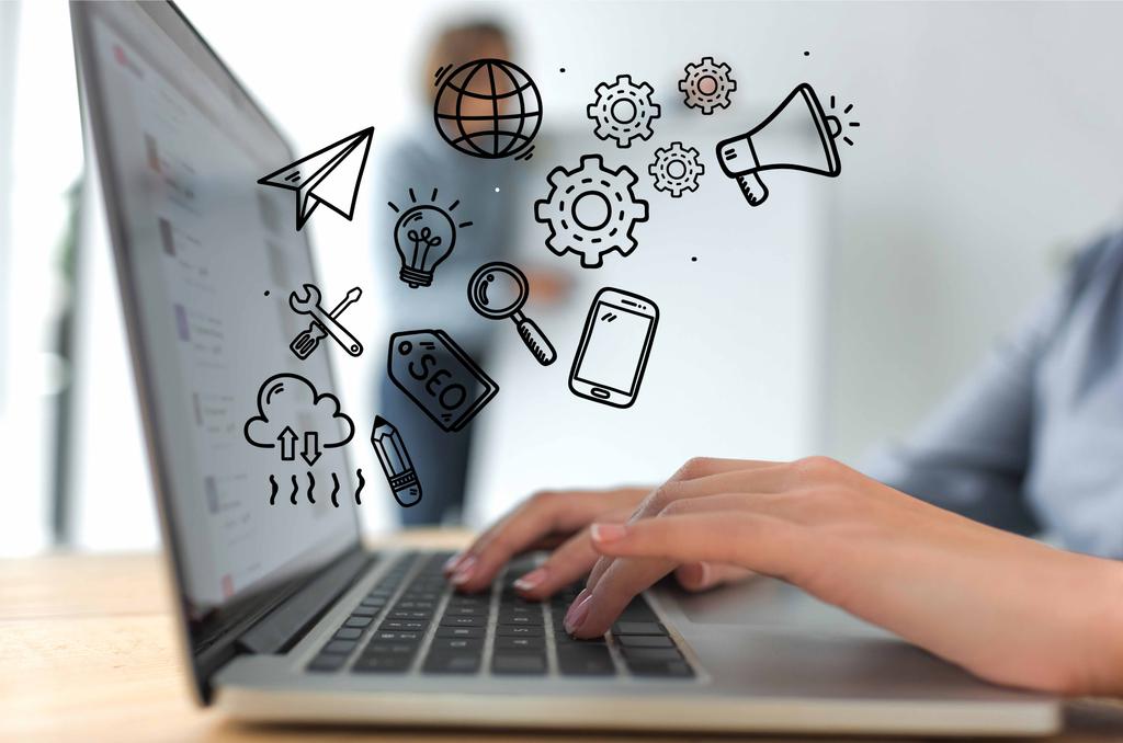 Обрізане зображення бізнес-леді, що працює з ноутбуком, мальовані вручну бізнес-ікони
 - Фото, зображення