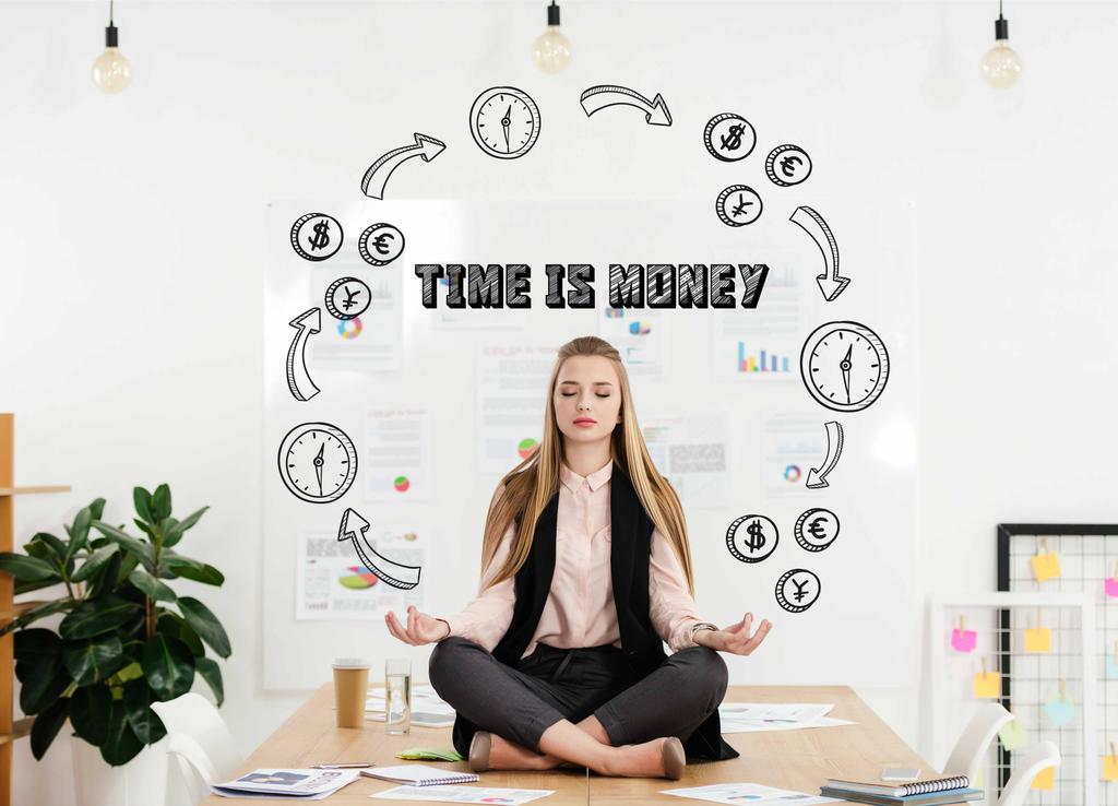 calm businesswoman meditating in lotus position on table in office with time for money inscription and money and time circuit - Photo, Image