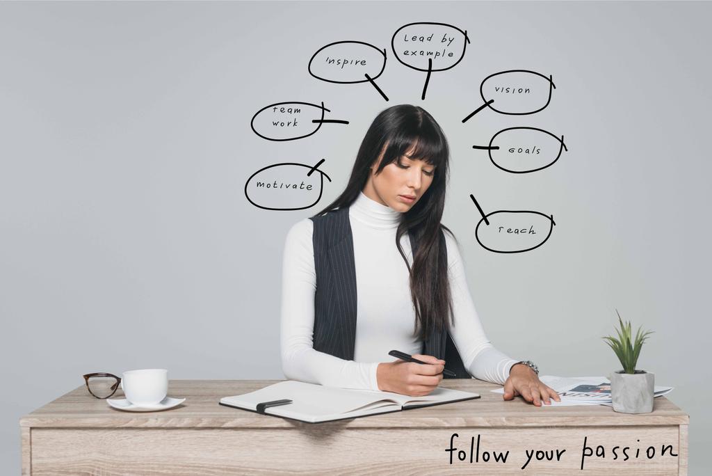 attractive brunette businesswoman writing something at table isolated on gray with speech bubbles and follow your passion inscription - Photo, Image
