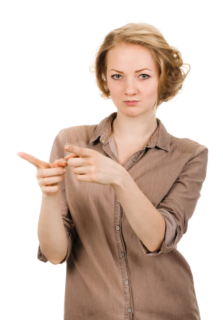 Mujer joven señalando dedos
 - Foto, Imagen