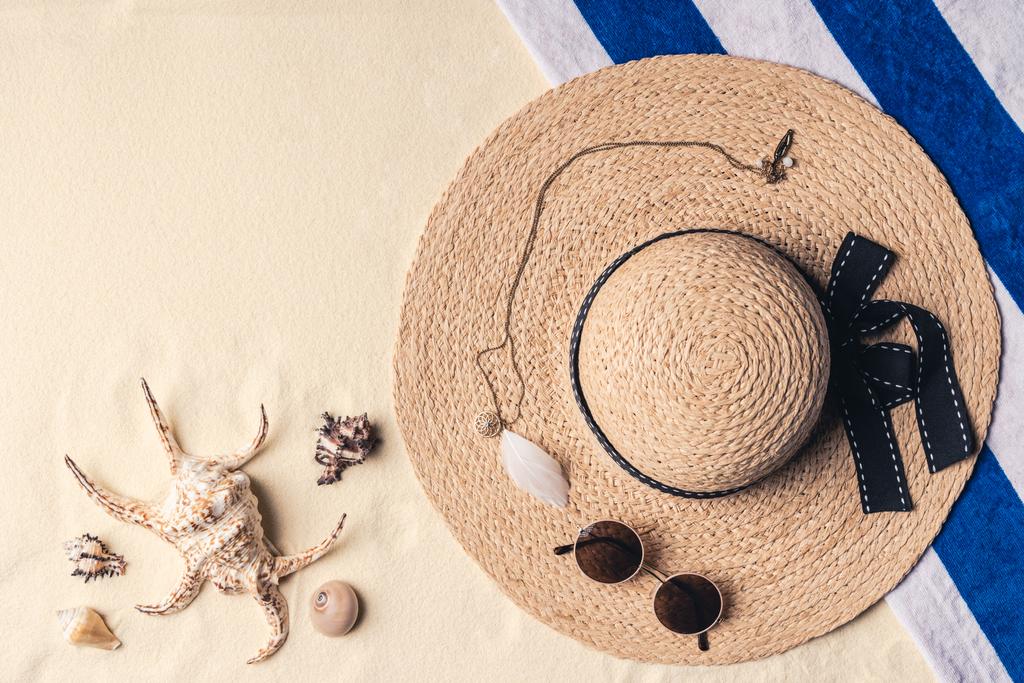 Ψάθινο καπέλο με γυαλιά ηλίου και κοχύλια στην αμμουδιά - Φωτογραφία, εικόνα