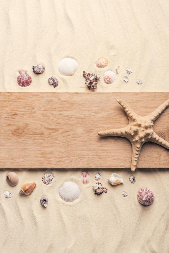 Hvězdice na dřevěném molu na písečné pláži s mušlemi  - Fotografie, Obrázek