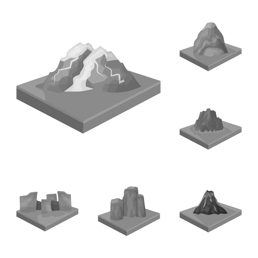 Montañas, iconos monocromáticos masivos en la colección de conjuntos para el diseño. La superficie de la tierra vector isométrico símbolo stock web ilustración
. - Vector, Imagen