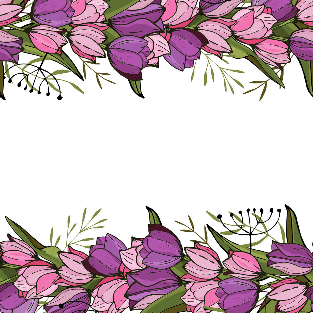 Квадратна рамка з тюльпанами і травами на білому. Квітковий візерунок для весільного дизайну, квіткові вітальні листівки, плакати
. - Вектор, зображення
