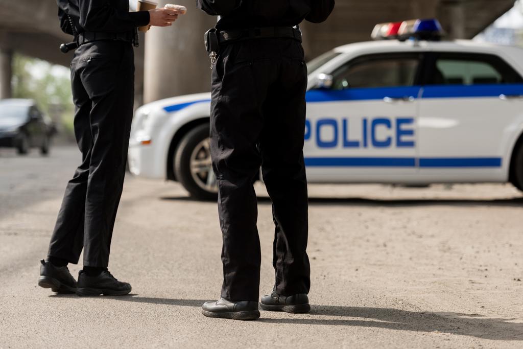 Polis memuru polis arabasının önünde duran kırpılmış atış - Fotoğraf, Görsel