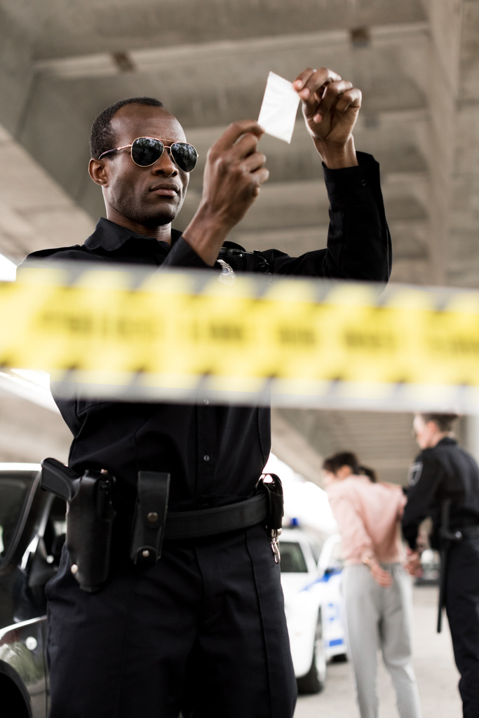 policista v sluneční brýle drží plastový zip s léky, zatímco jeho partner zatýkání ženské trestní  - Fotografie, Obrázek