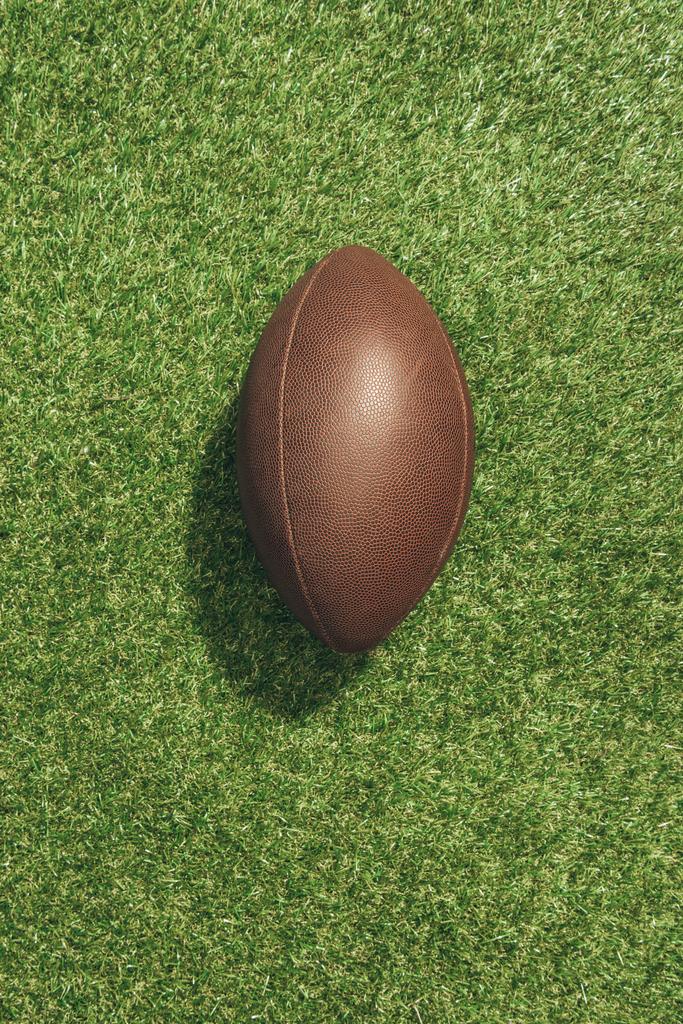вид сверху на американский футбольный мяч на зеленой лужайке
 - Фото, изображение