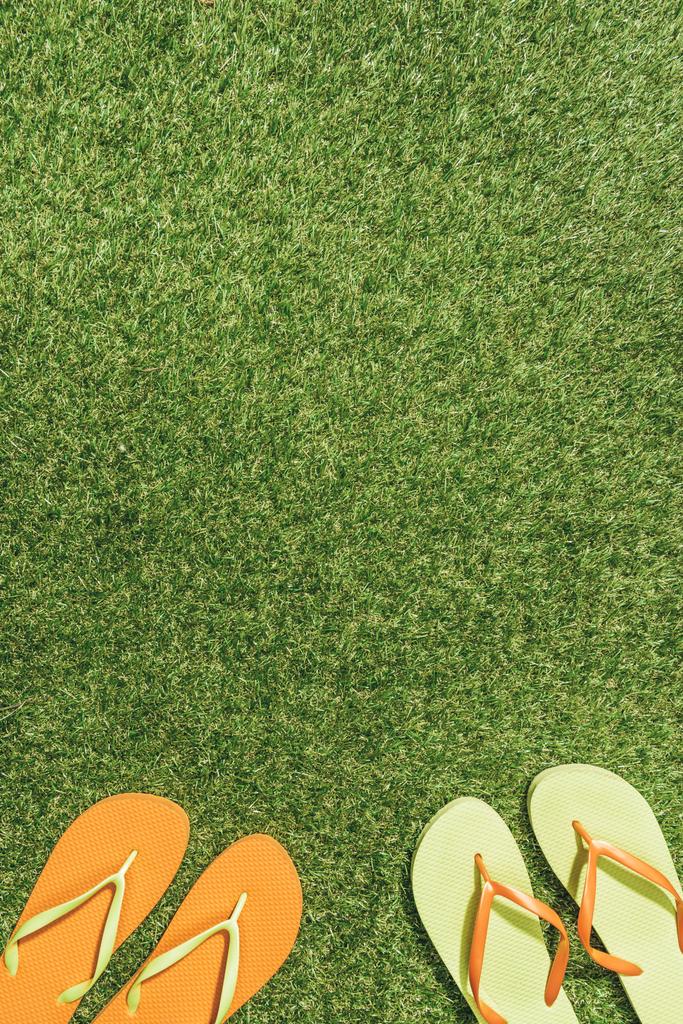 Blick von oben auf grüne und orangefarbene Flip Flops auf grünem Rasen - Foto, Bild