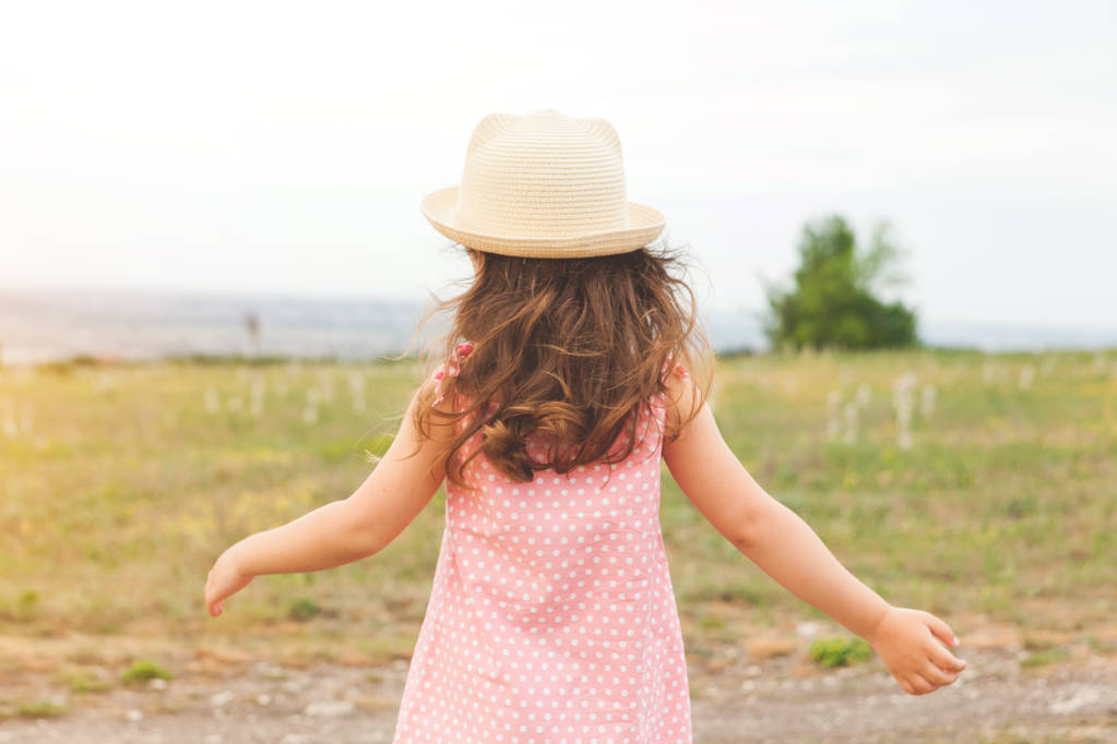 Kislány vissza a kalapot és ruhát a nyári mező - Fotó, kép