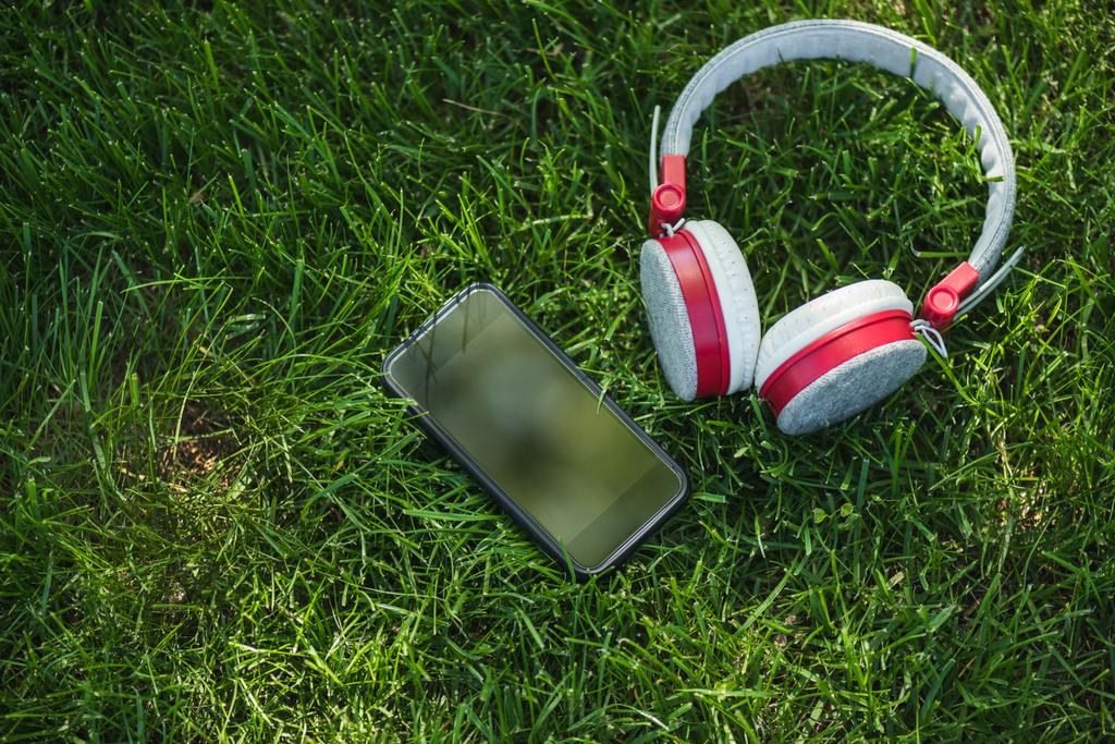 vista de cerca del teléfono inteligente con pantalla en blanco y auriculares en hierba verde
 - Foto, imagen