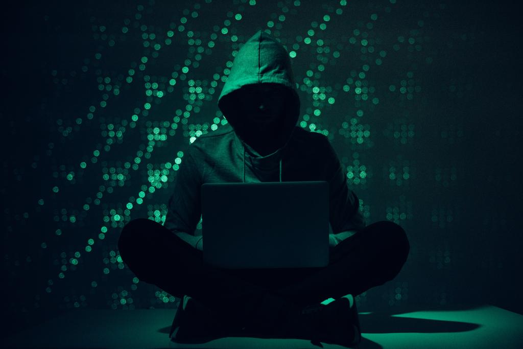 тонированное изображение силуэта хакера в толстовке с помощью ноутбука
 - Фото, изображение