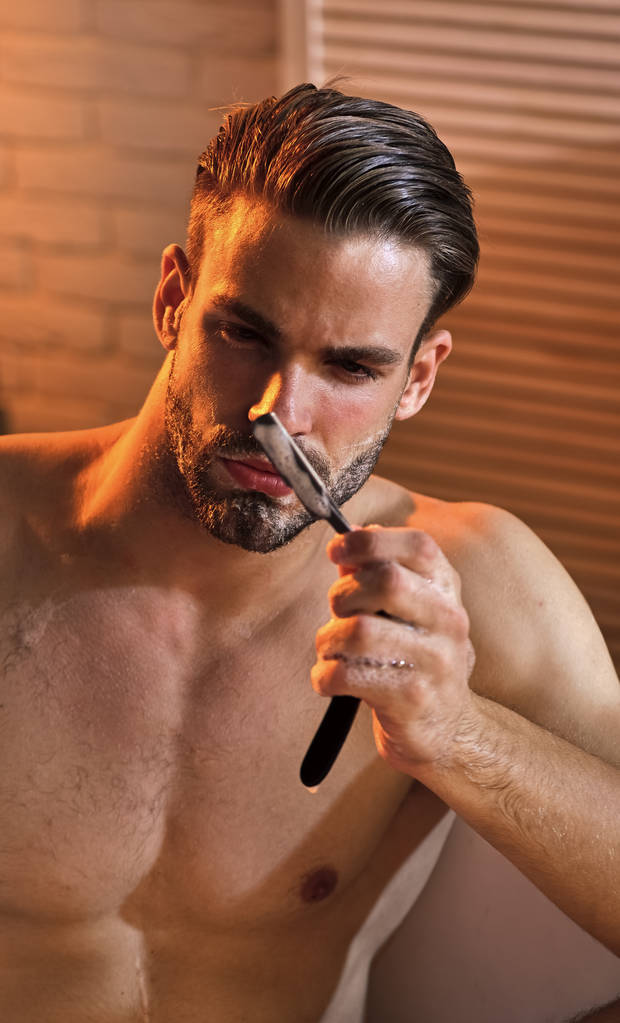 Macho with shaving soap on beard hair - Photo, Image