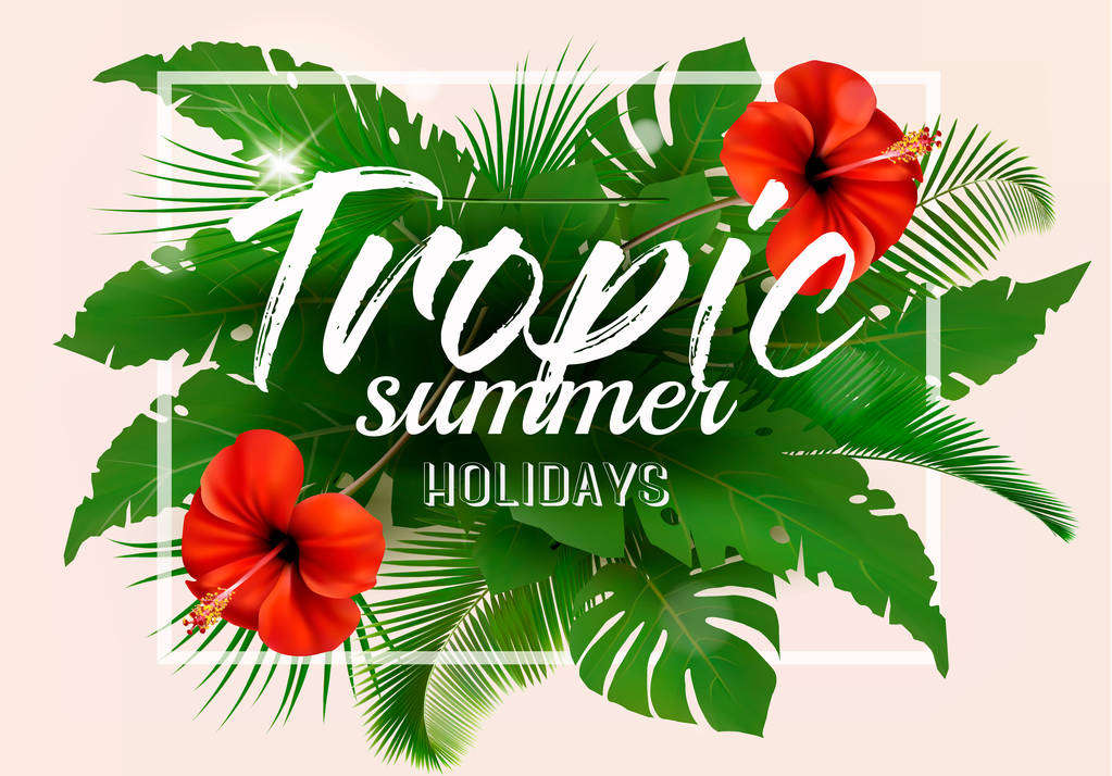 Summer tropical holiday background with exotic palm leaves and f - Vector, Image