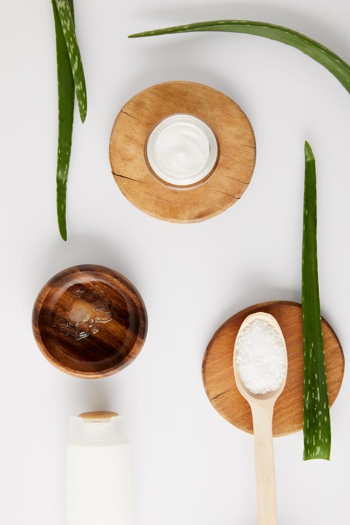 vue du dessus de la crème biologique dans un récipient et une cuillère avec du sel sur des tranches de bois, des feuilles d'aloe vera et un bol en bois avec du jus d'aloe vera
  - Photo, image