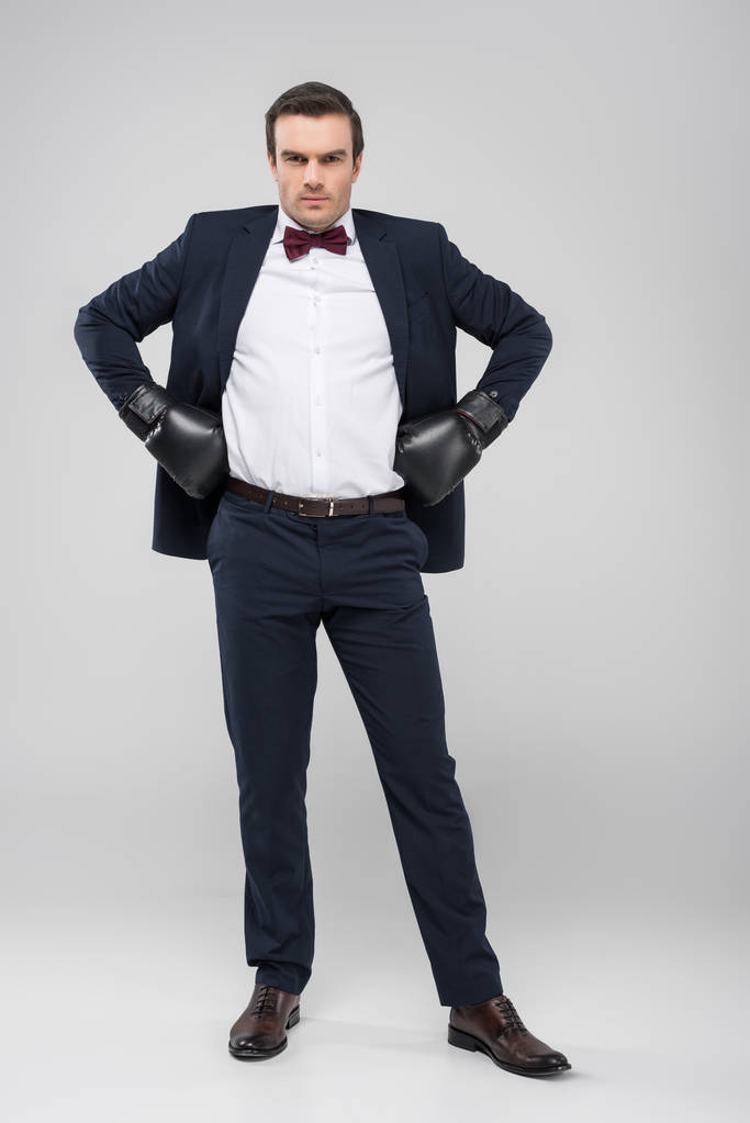 novio guapo posando en esmoquin y guantes de boxeo, aislado en gris
 - Foto, imagen