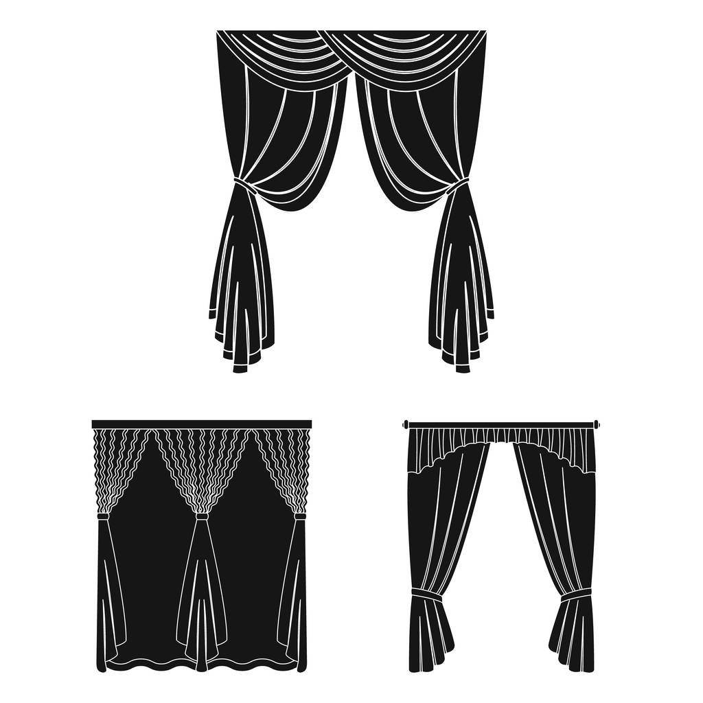 Diferentes tipos de cortinas ícones pretos na coleção de conjuntos para design. Cortinas e lambrequim símbolo vetorial ilustração web
. - Vetor, Imagem