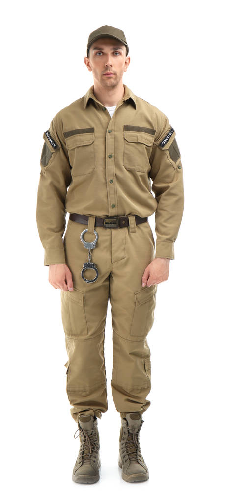 Αρσενικό φρουρά ασφάλειας σε ομοιόμορφη σε λευκό φόντο - Φωτογραφία, εικόνα
