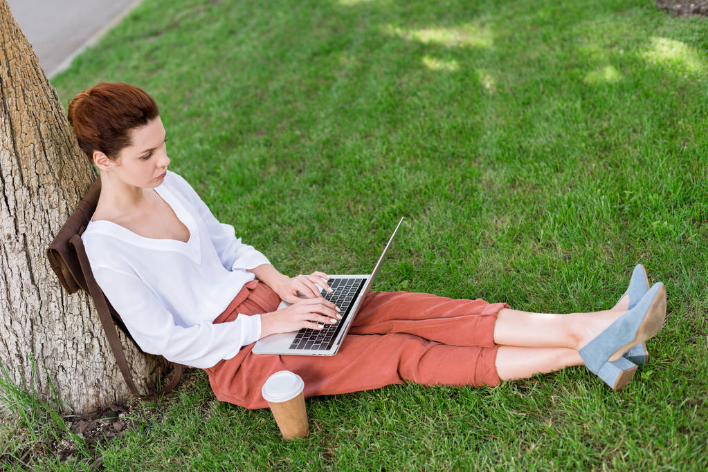beautiful young freelancer working with laptop while leaning back on tree trunk in park - Photo, Image