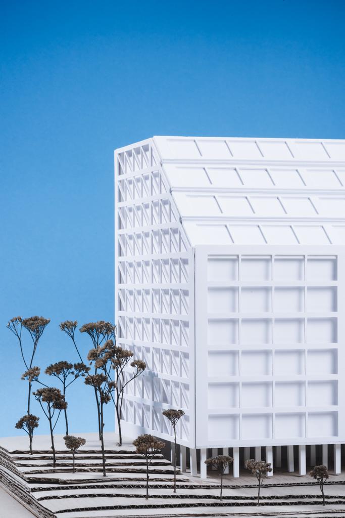 крупним планом біла будівельна модель з мініатюрними деревами на синьому фоні
 - Фото, зображення