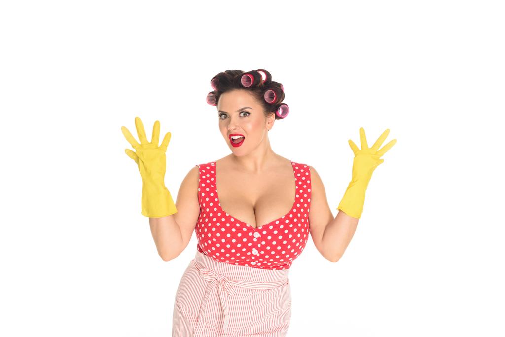 shocked plus size woman in rubber gloves isolated on white - Photo, Image