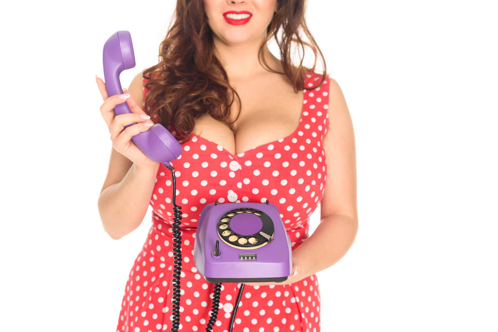 cropped shot of plus size woman with vintage rotary phone isolated on white - Photo, Image