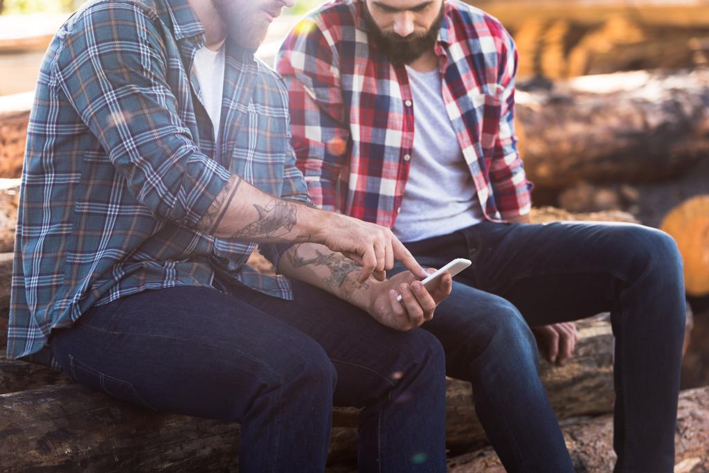 cropped shot of bearded lumberjack pointing by finger on smartphone screen to partner  - Photo, Image