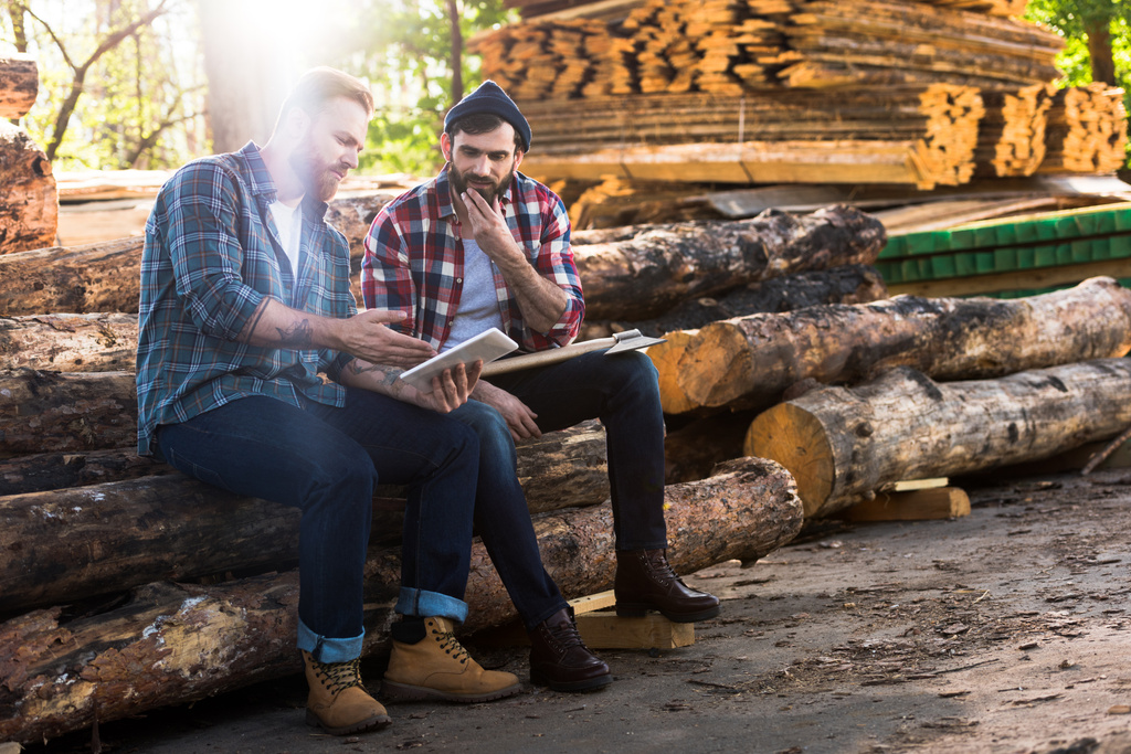 δύο ξυλοκόπους κάθεται σε κορμούς με τσεκούρι και χρησιμοποιώντας ψηφιακό tablet στο πριονιστήριο  - Φωτογραφία, εικόνα
