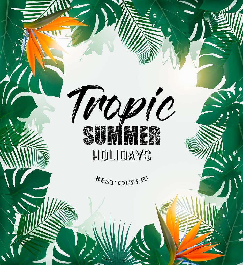 Summer Holiday Background With Tropical Plants And Coloful Flowers. Vector - Vector, Image