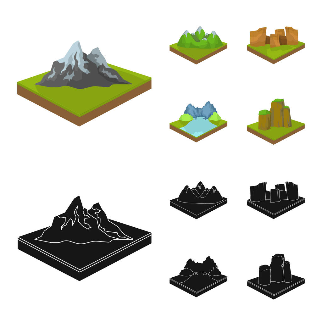 Mountains, rocks and landscape. Relief and mountains set collection icons in cartoon,black style isometric vector symbol stock illustration web. - Vector, Image