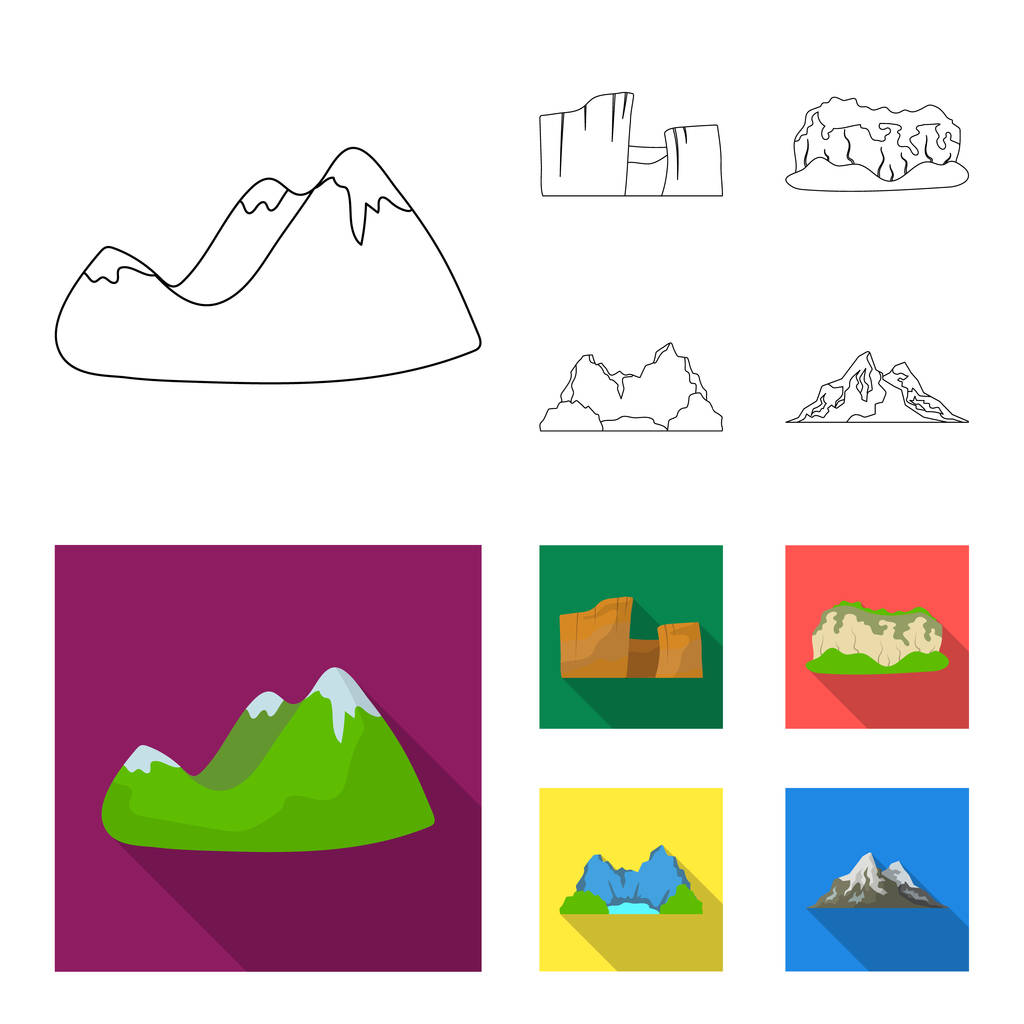 Green mountains with snow tops, a canyon, rocks with forests, a lagoon and rocks. Different mountains set collection icons in outline,flat style vector symbol stock illustration web. - Vector, Image