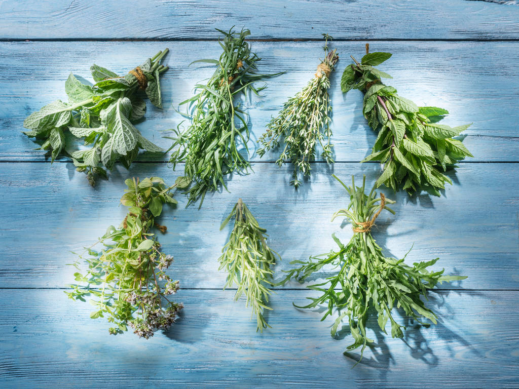 Different bunches of fresh herbs on the wooden table. - Photo, Image