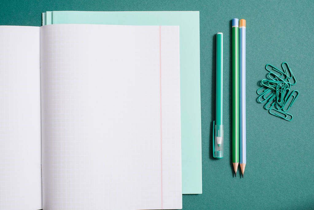 Schoolbenodigdheden, notebook, pen en potlood op een groene achtergrond. kopie ruimte - Foto, afbeelding