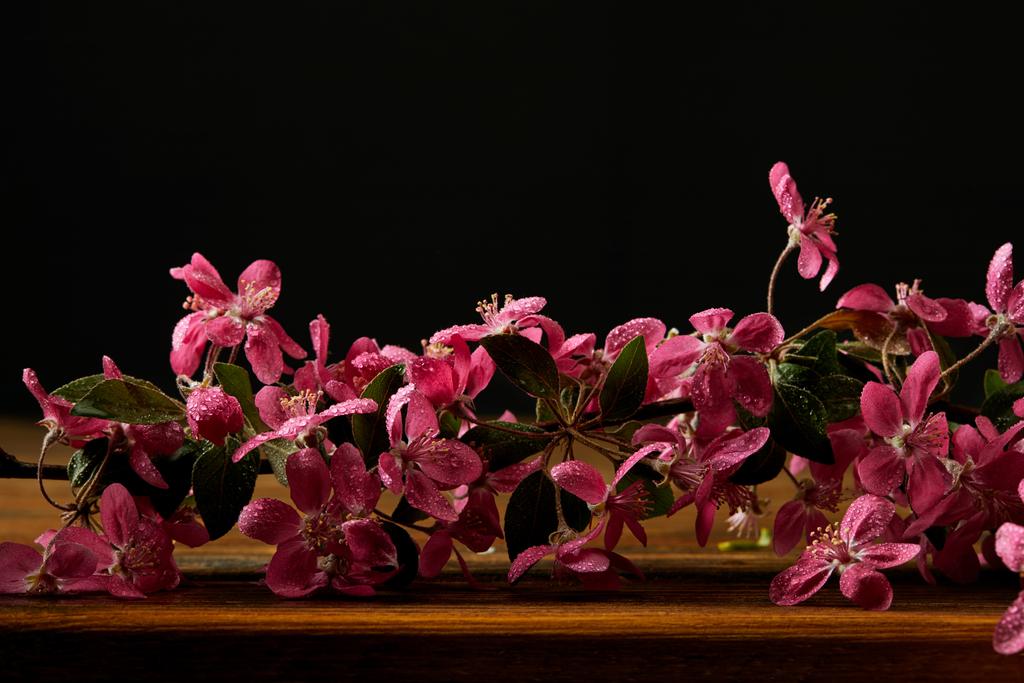крупный план красивого розового цветка вишни, лежащего на деревянной столешнице
 - Фото, изображение