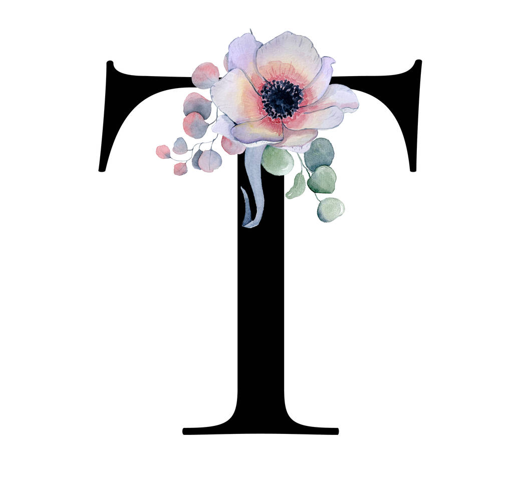  Çiçek suluboya alfabe. Şakayık ve anemon çiçeği ve Kara Panter Monogram ilk harfi T tasarım el ile çizilmiş  - Fotoğraf, Görsel