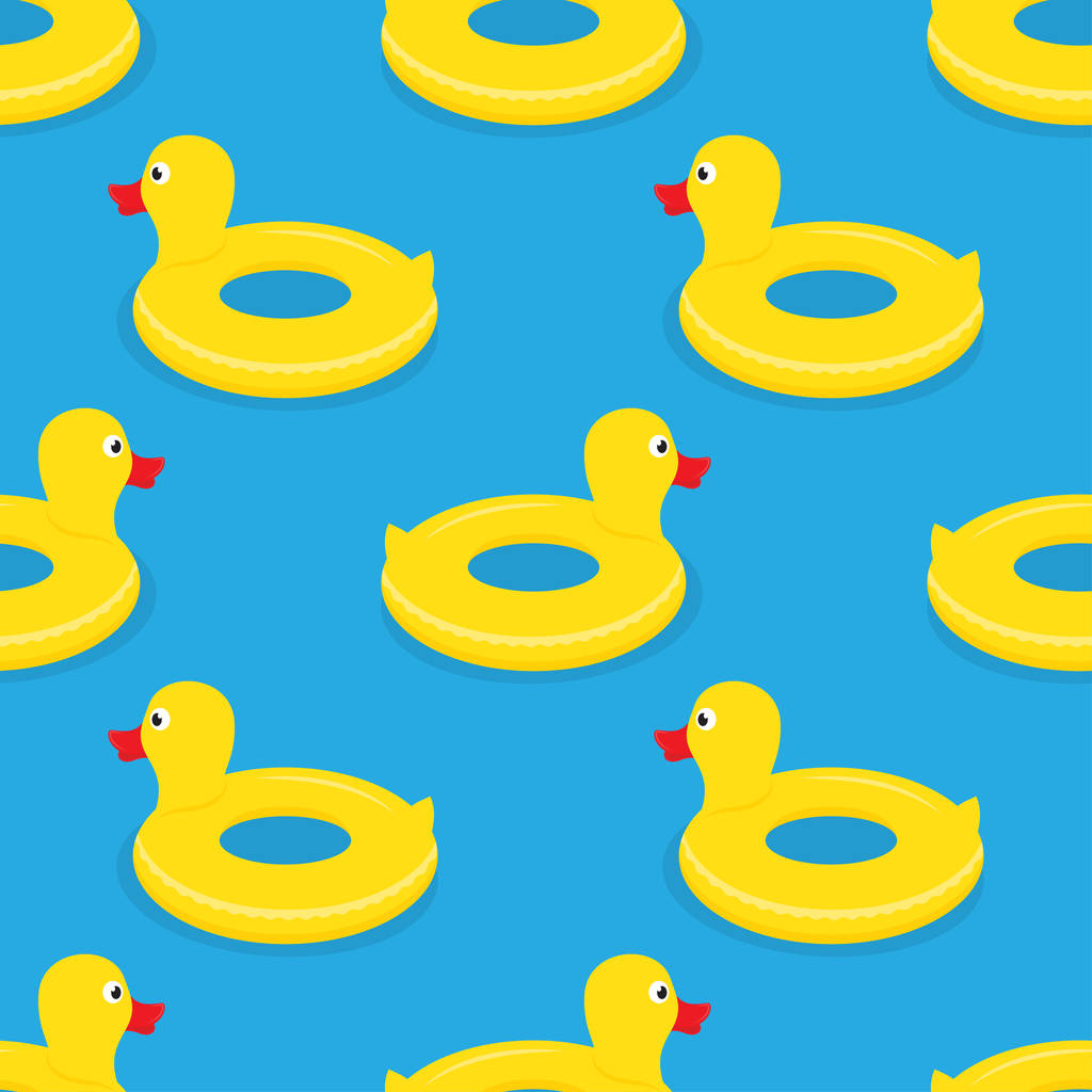 Gele rubber duck zwemmen cirkel. Cartoon platte vectorillustratie. Naadloze patroon - Vector, afbeelding