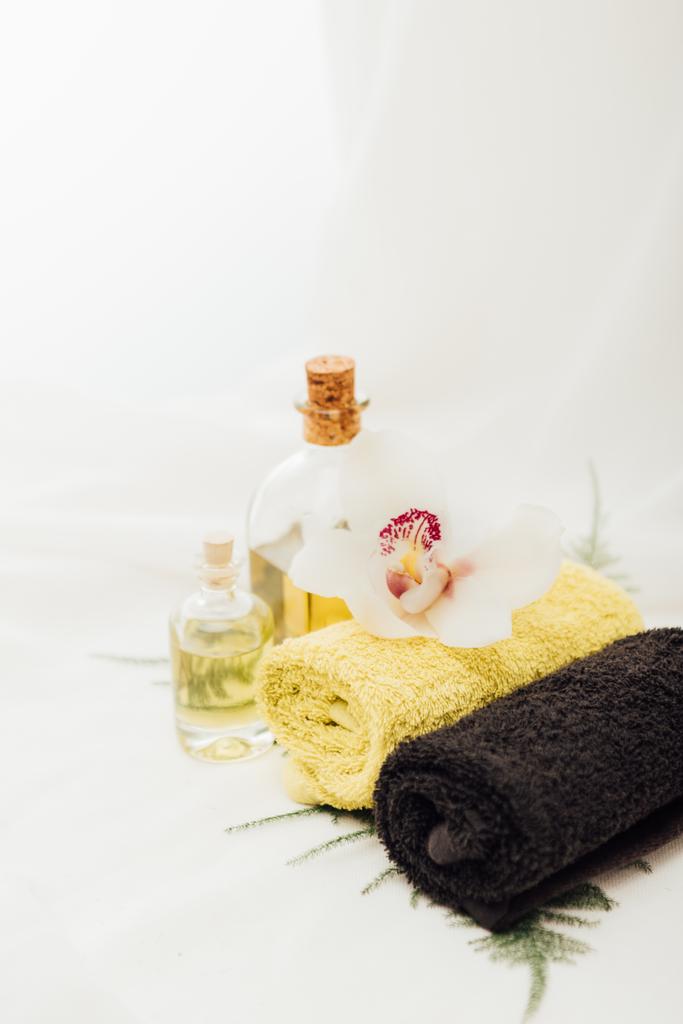 lähikuva järjestely kylpylä hoito tarvikkeet öljy ja orkidea kukka valkoisella pohjalla
 - Valokuva, kuva