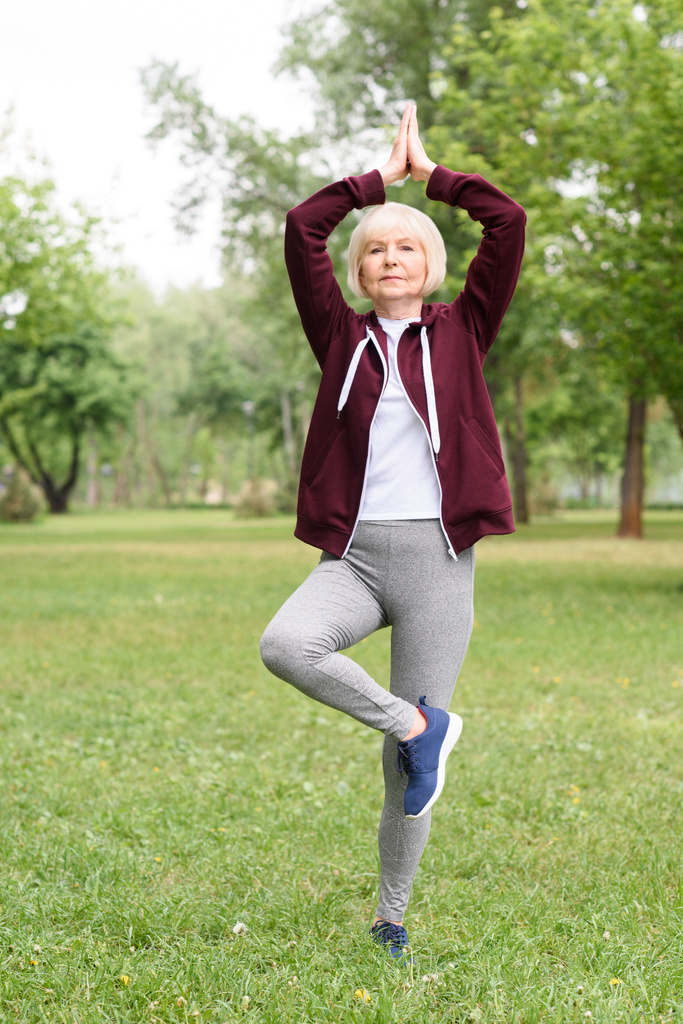 senior woman practicing yoga in tree pose on green lawn in park - Photo, Image