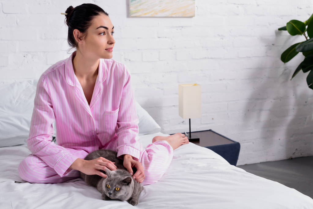 pensive woman with britain shorthair cat looking away while resting on bed at home - Photo, Image