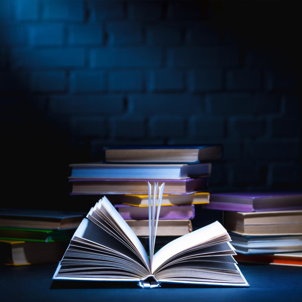 open book in front of stack of colored books on dark surface - Photo, Image