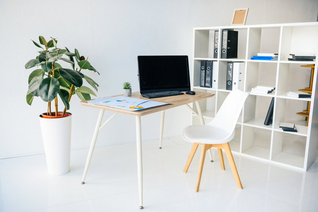 鉢植え、椅子、テーブル、インフォ グラフィック、コンピューターと棚と近代的なオフィスの部屋のインテリア  - 写真・画像