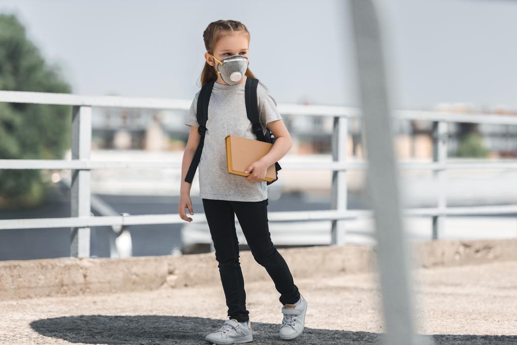 Kind in Schutzmaske geht mit Buch auf Brücke, Luftverschmutzungskonzept - Foto, Bild