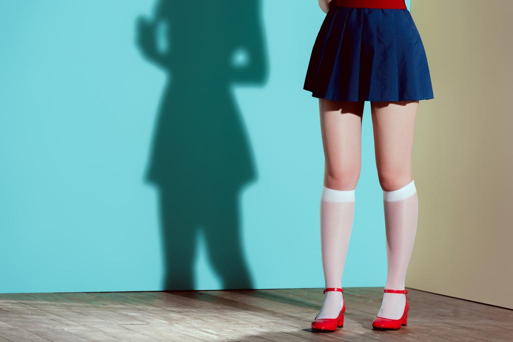обрізаний знімок дівчини в червоному взутті, панчохах і спідниці позує в студії
 - Фото, зображення