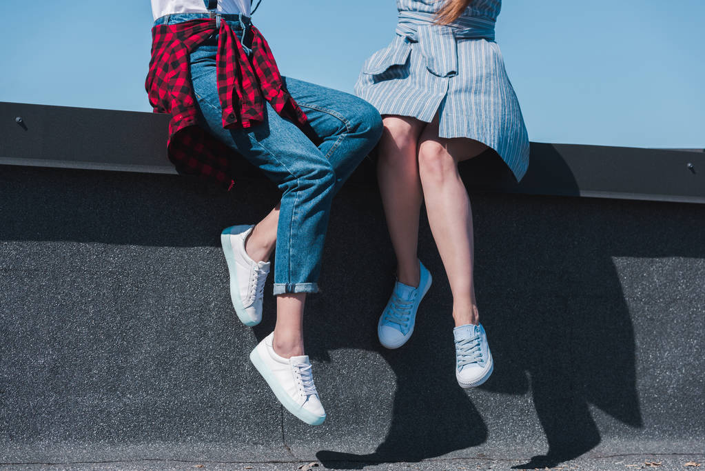 Oříznout obrázek ze dvou stylových přítelkyň, sedí na střeše  - Fotografie, Obrázek