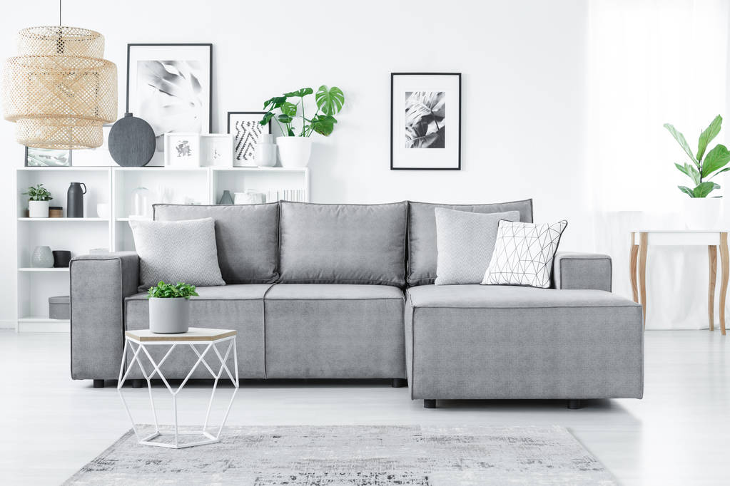 Grand canapé d'angle avec oreillers, étagères blanches et plantes dans un salon moderne intérieur
 - Photo, image