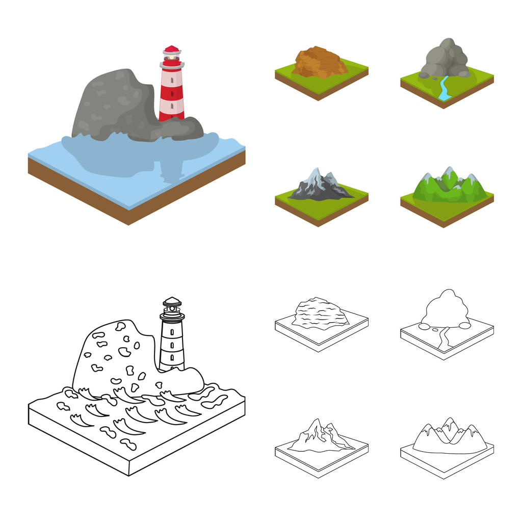 Montañas, rocas y paisaje. Relieve y montañas establecen iconos de colección en dibujos animados, contorno estilo isométrico vector símbolo stock ilustración web
. - Vector, Imagen
