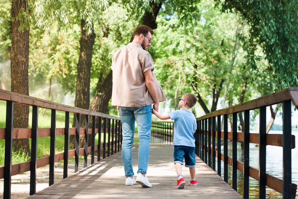 back view of father and son holding hands and walking on bridge at park - Photo, Image