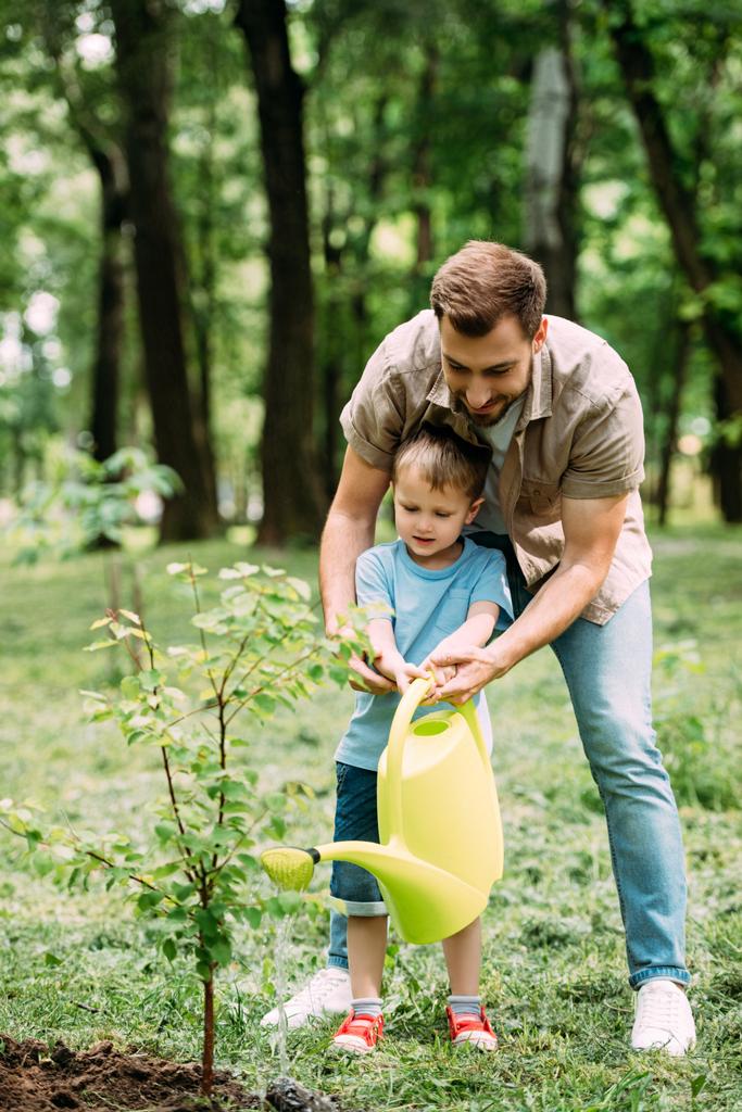 お父さんと息子の公園で水まき缶で苗に水をまく - 写真・画像